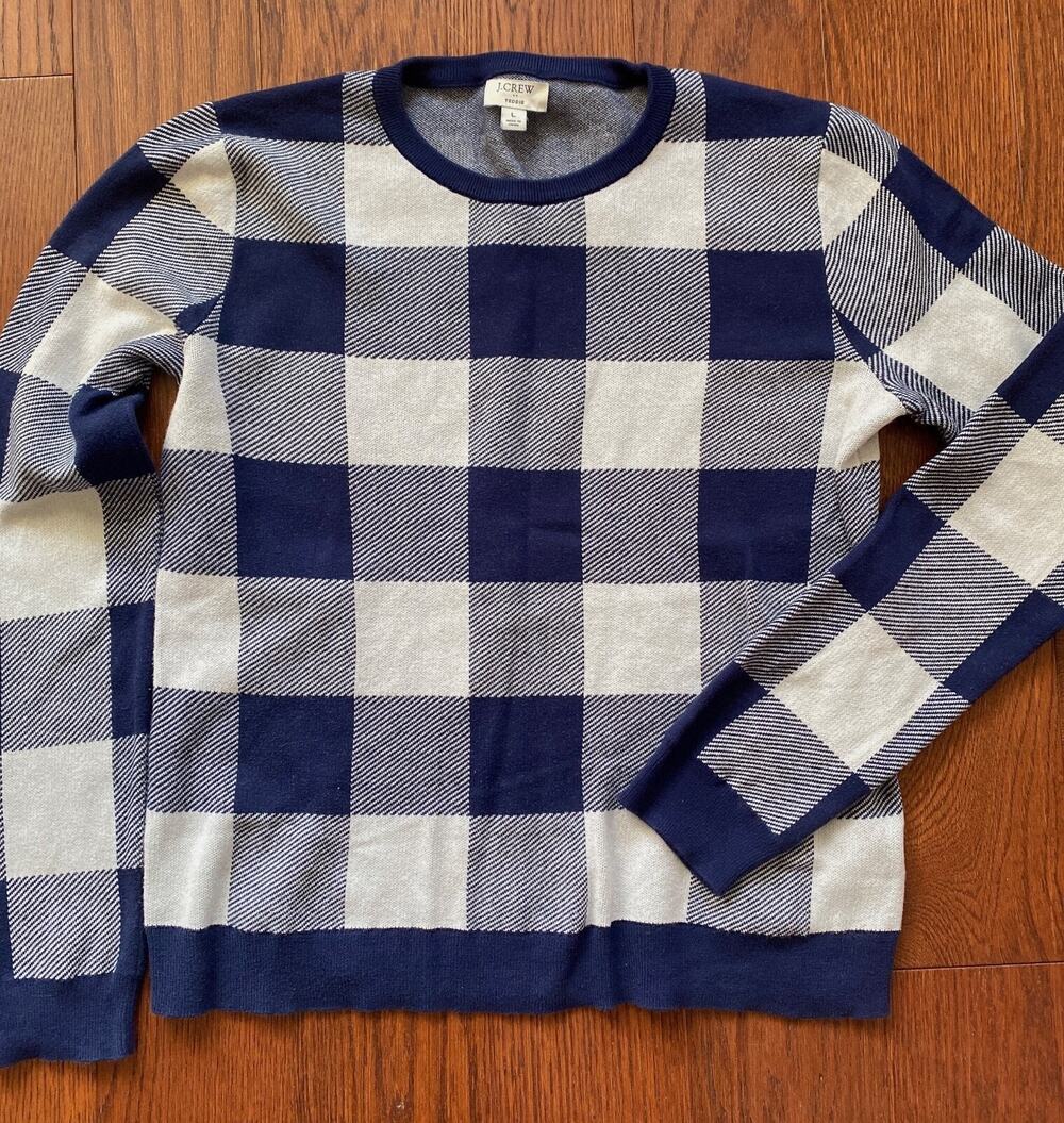 J. Crew Teddie Crewneck Check Jacquard Pullover Sweater Navy and White Buffalo L